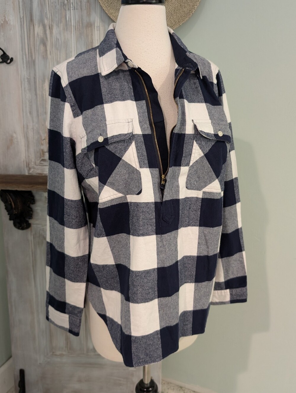 J. Crew Navy and White Plaid Half-Zip Flannel Shirt Jacket Pullover